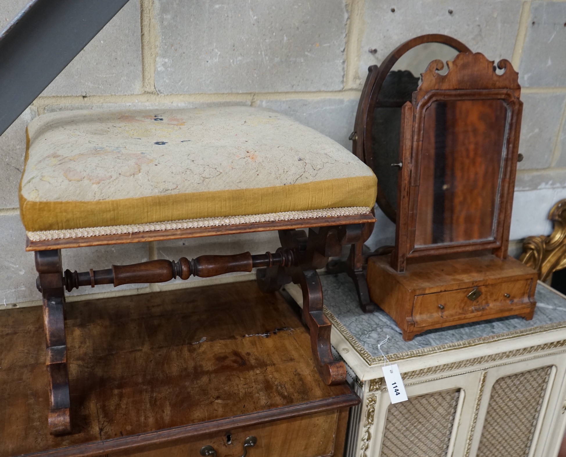 An 18th century walnut toilet mirror, height 56cm, a Victorian X frame stool and a skeleton framed toilet mirror